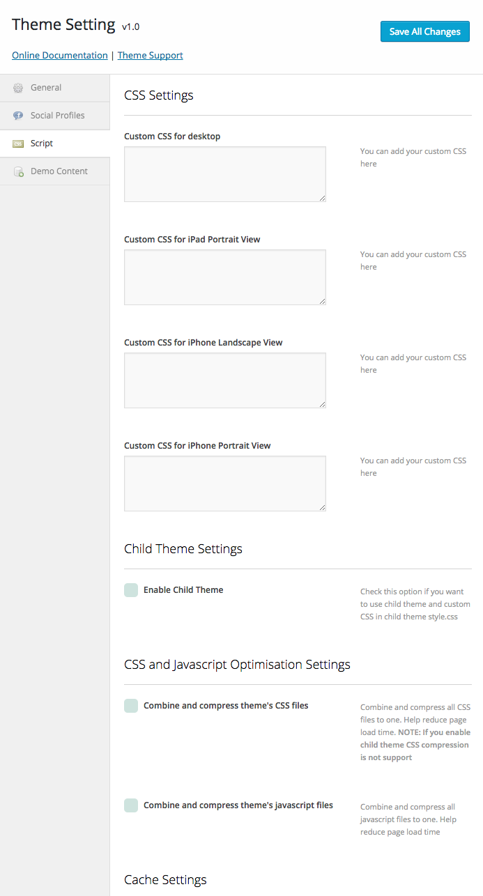 Theme Setting > Script for custom CSS and script compression features